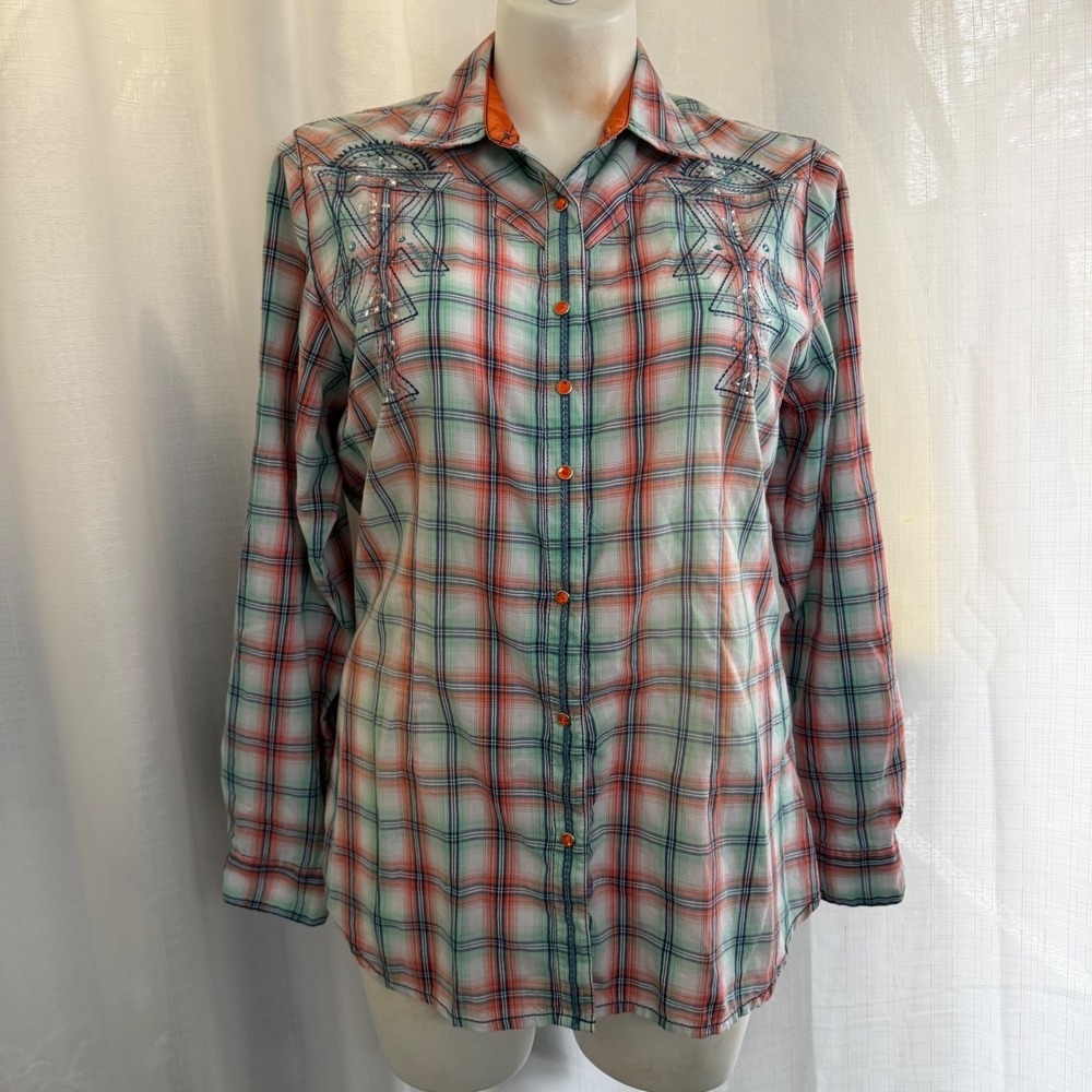 Wrangler Rock 47 Button Up Shirt Size XL Orange Green‎ Plaid Embroidered Western
